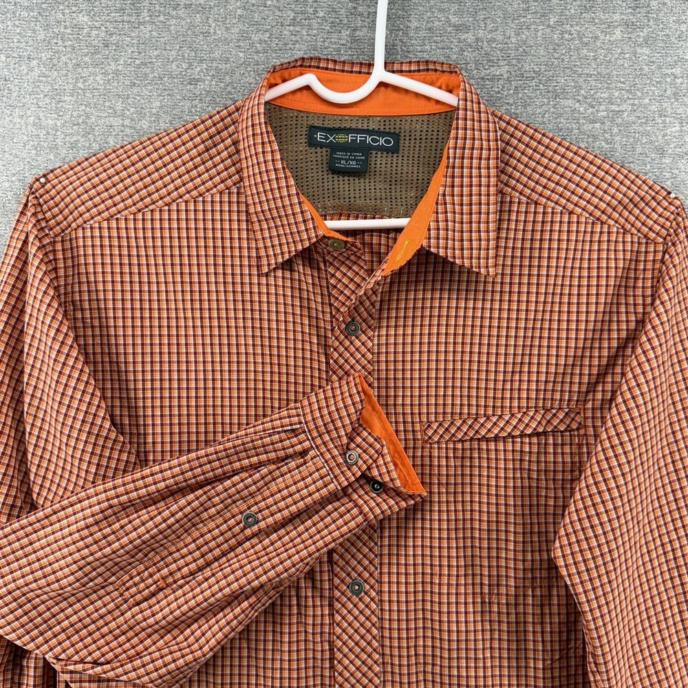 ExOfficio Long Sleeve Shirt Men Sz XL Orange Hiking Outdoor Vented Snap Button